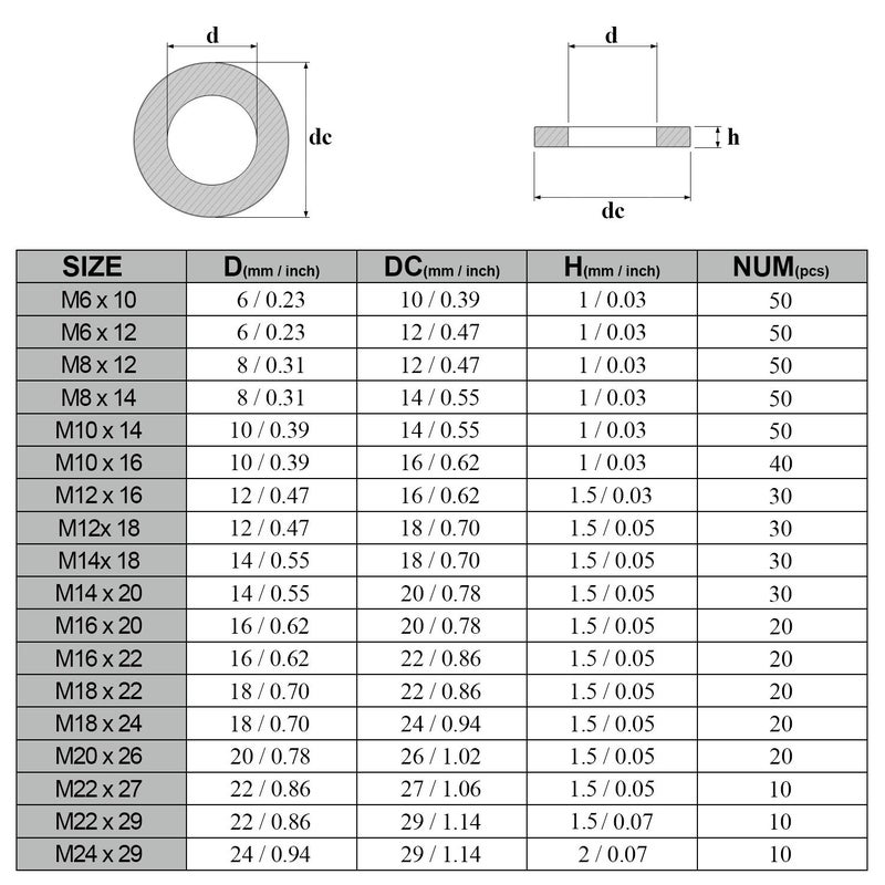 DYWISHKEY 540Pcs 18 Sizes Automotive Metric Oil Drain Plug Gasket Aluminum Flat Washer Assortment Kit (M6 M8 M10 M12 M14 M16 M18 M20 M22 M24) - Image 3